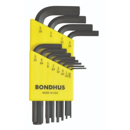 A set of Bondhus hex end imperial L-wrenches in various sizes, displayed in a yellow carrying case with the Bondhus logo.