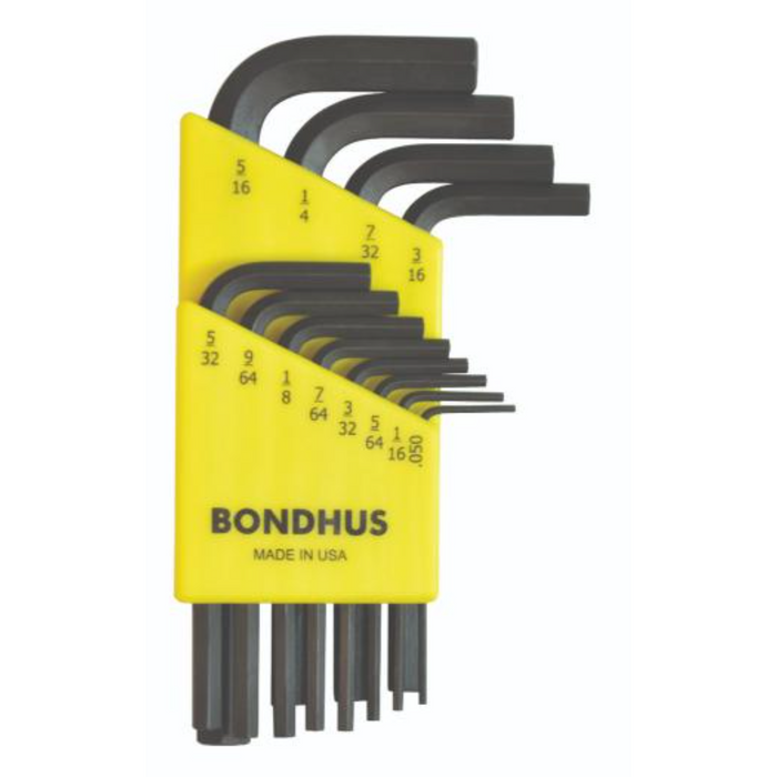 A set of Bondhus hex end imperial L-wrenches in various sizes, displayed in a yellow carrying case with the Bondhus logo.