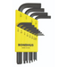 A set of Bondhus hex end imperial L-wrenches in various sizes, displayed in a yellow carrying case with the Bondhus logo.
