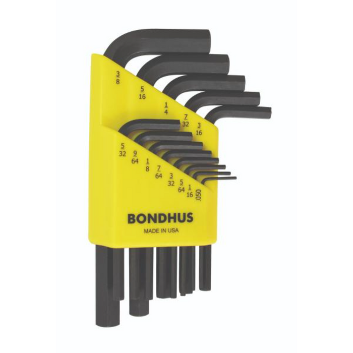 A set of BONDHUS branded hex keys in sizes ranging from 0.050 to 3/8 inch, with a yellow and black color scheme.