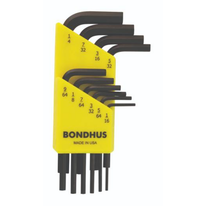 A set of 10 Bondhus hex keys in Imperial sizes from 1/16 inch to 1/4 inch, displayed in yellow and black colors.