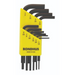 A set of 10 Bondhus hex keys in Imperial sizes from 1/16 inch to 1/4 inch, displayed in yellow and black colors.