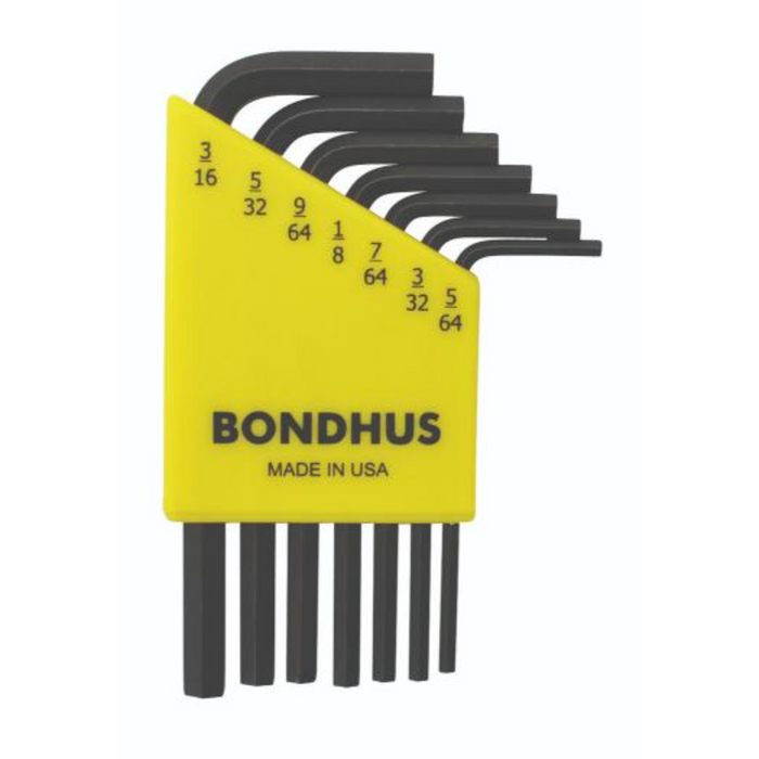 A set of BONDHUS branded hex key tools in yellow and black, with sizes ranging from 5/64" to 3/16".