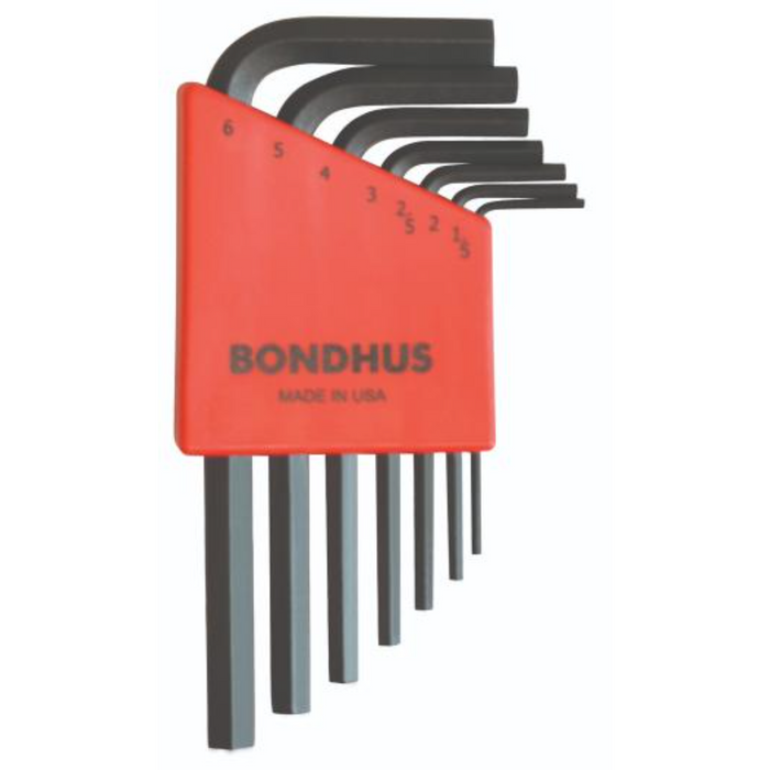 A set of 7 BONDHUS branded hex keys in sizes 1.5mm to 6mm, with a red and black color scheme and chamfered tool tips.