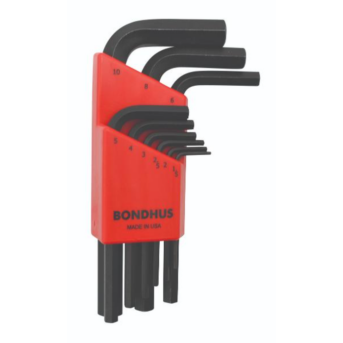A set of 9 Bondhus hex end metric L-wrenches in various sizes, displayed in a red carrying case.