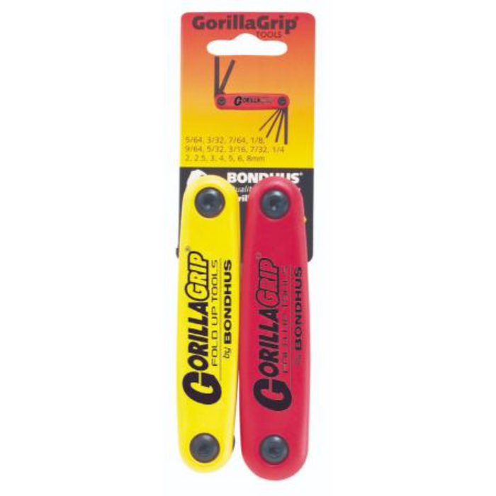 A twin pack of Bondhus GorillaGrip fold up key sets with a yellow and red color scheme, including hexagonal key tips, packaged for retail sale.