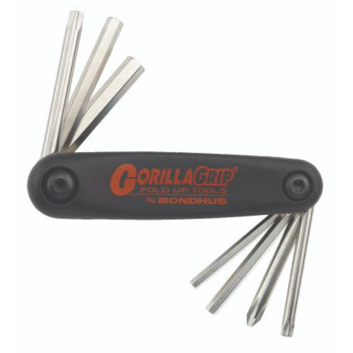 A black fold-up key set with 7 silver hex keys, labeled 'Gorilla Grip' by BONDHUS, designed for Harley Davison motorcycles.