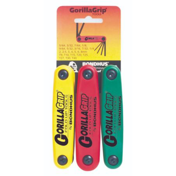 A set of three BONDHUS Gorilla Grip fold-up key sets in yellow, red, and green, displayed in a product packaging.