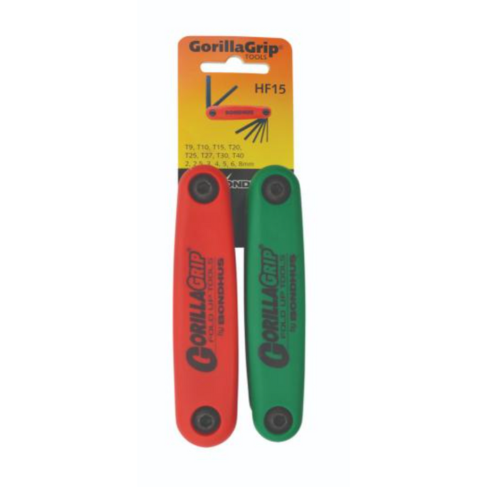 Two fold-up key sets with GorillaGrip branding, one red and one green, displayed in packaging.