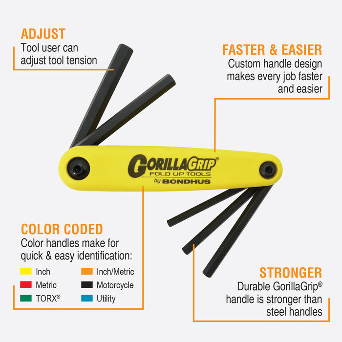 BONDHUS Gorilla Grip Hex fold up Imperial Key Set 3/16-3/8 Hex HF5