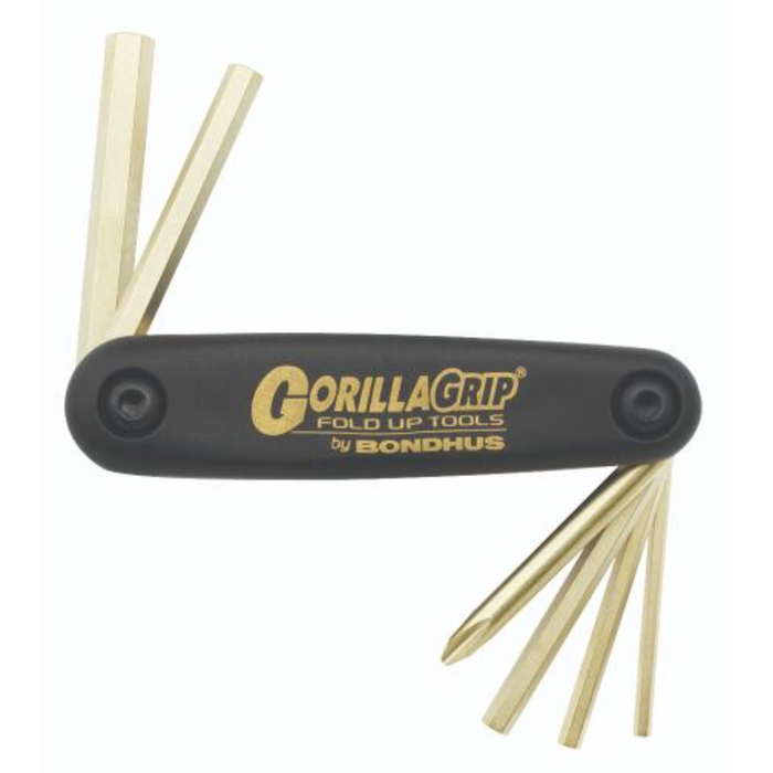Fold up Gorilla Grip tool with black case and 6 gold coloured fold away hex keys