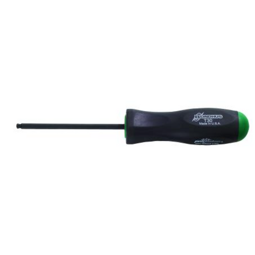 A black Torx screwdriver with a green and black handle, designed for precision and durability.