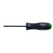 A black Torx screwdriver with a green and black handle, designed for precision and durability.