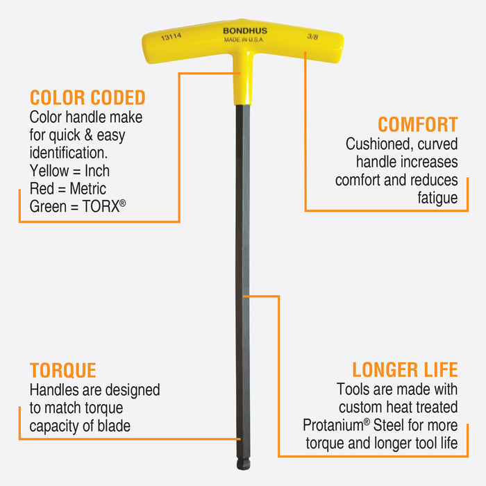 BONDHUS BTX10 T-Handle Ball End Driver Hex 10pcs Imperial Set 3/32"-3/8"