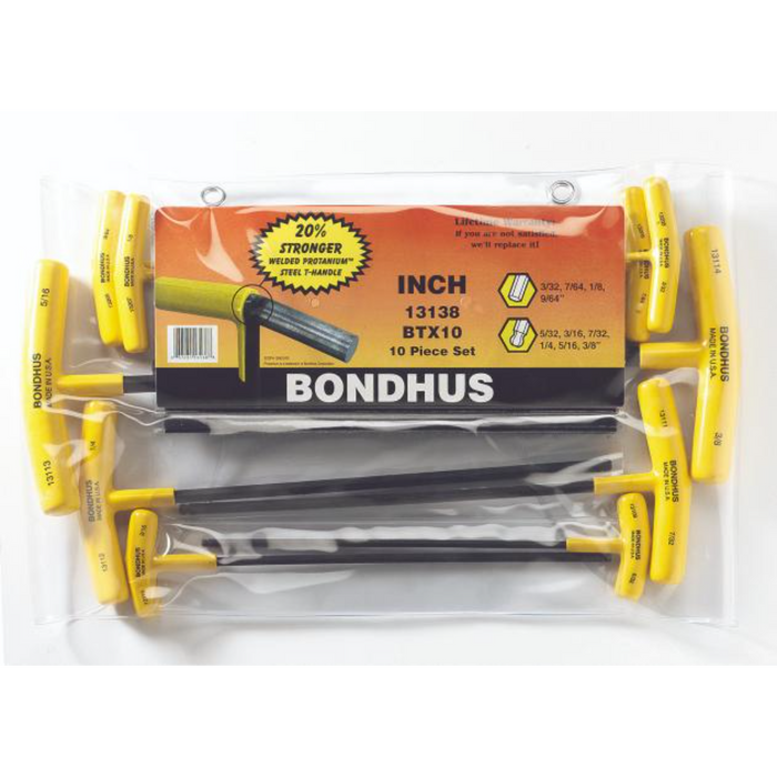 A pack of Bondhus T-Handle Imperial Hex Driver set containing 10 pieces  displayed in a clear plastic packaging with yellow and black handles.