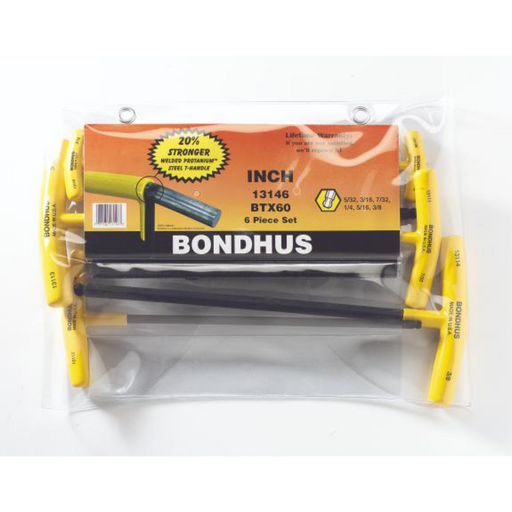 A set of six Bondhus T-handle ball driver hex wrenches in sizes 5/32", 3/16", 7/32", 1/4", 5/16", and 3/8" are packaged in a clear plastic bag with yellow and black labeling.