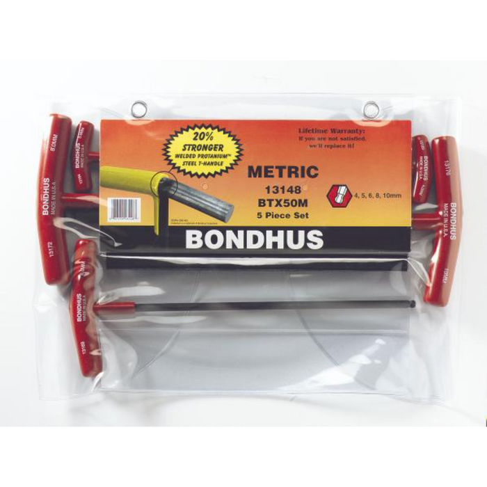Packaging of BONDHUS T-Handle Ball End Driver Hex 5pcs Metric Set, displaying the drivers in size order and the brand name.