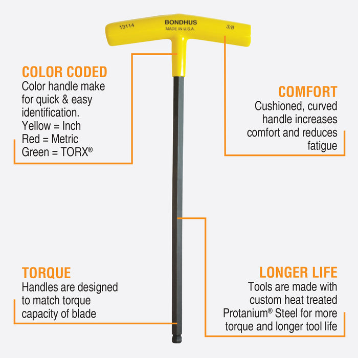 BONDHUS BTX10/S T-Handle Ball Driver Hex 10pcs Imperial Set + Stand 3/32"-3/8"