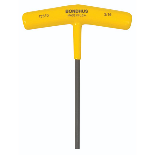A 3-16 inch yellow and grey Bondhus Imperial BallEnd T-Handle with a welded handle/blade connection