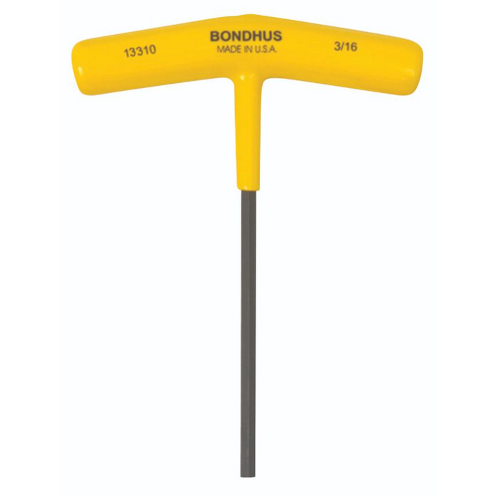 A 3-16 inch yellow and grey Bondhus Imperial BallEnd T-Handle with a welded handle/blade connection