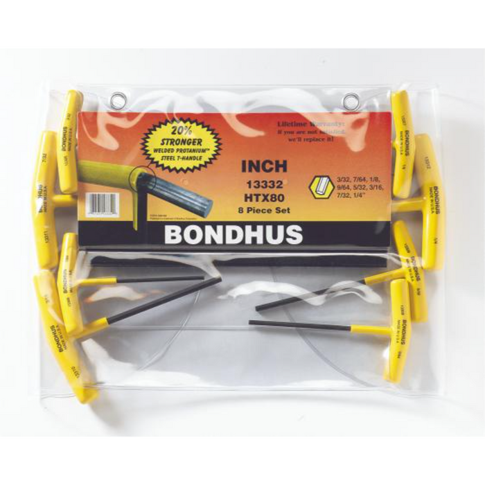 Packaging of BONDHUS T-Handle Hex Driver 8-piece set with sizes ranging from 3/32 inch to 1/4 inch, displayed on a clear plastic tray with yellow handles.