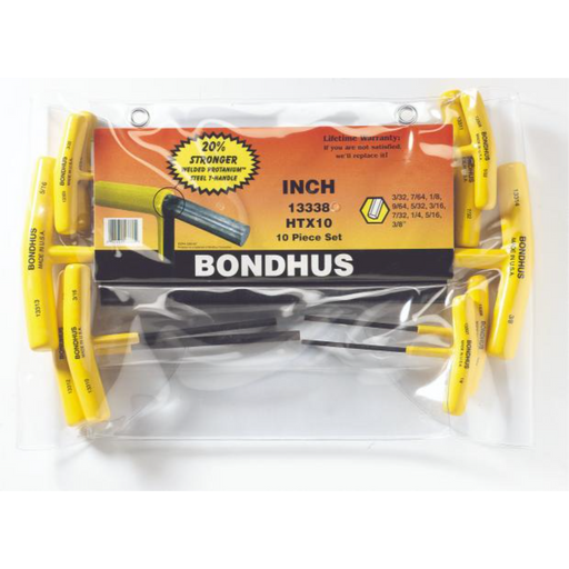 A pack of Bondhus T-Handle Hex Driver set containing 10 pieces with sizes ranging from 3/32 inch to 3/8 inch, displayed in a clear plastic packaging with yellow and black handles.