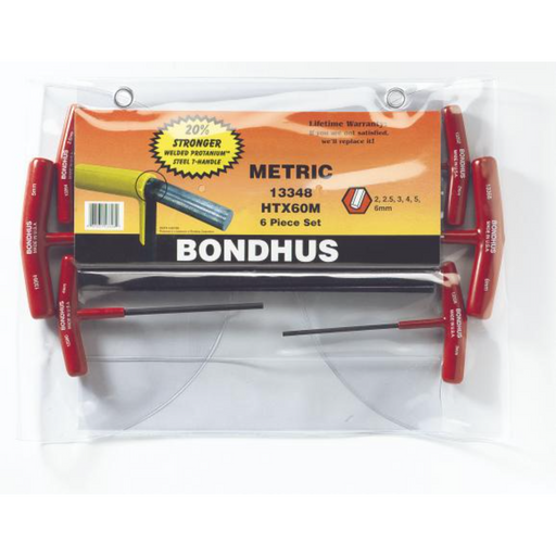A set of six Bondhus T-handle hex drivers in metric sizes, displayed in its packaging.