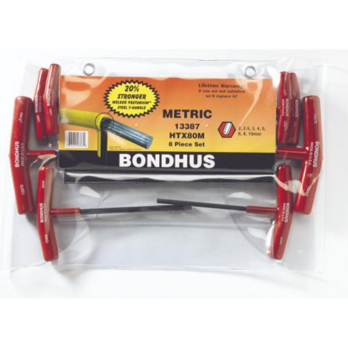 Packaging of BONDHUS T-Handle Hex End Driver 8pcs Metric Set, displaying the drivers in sizes 2mm, 2.5mm, 3mm, 4mm, 5mm, 6mm, 8mm, and 10mm, with red and black colors.
