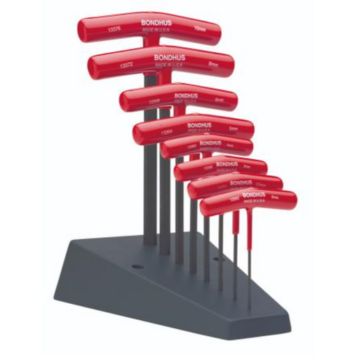 A set of red T-handle ball end drivers with a black stand, including sizes 2mm, 2.5mm, 3mm, 4mm, 5mm, 6mm, 8mm, and 10mm.