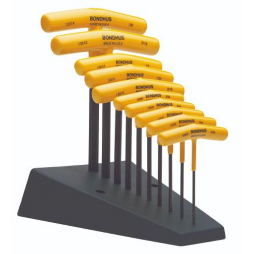 A set of 10 BONDHUS T-handle hex drivers with yellow handles and black shafts, arranged in a stand with sizes ranging from 3/32 inch to 3/8 inch.