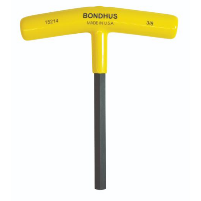 A yellow hex end T-handle with a black blade, marked with 'Bondhus' and 'Made in USA' text.