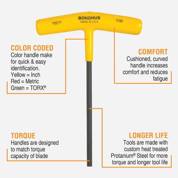 BONDHUS HTX80-6 T-Handle 6" Hex Driver 8pcs Imperial Set 3/32"-1/4"