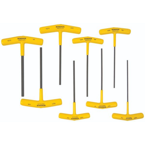 A set of 8 yellow T-handle hex drivers with black hexagonal ends and long straight shafts, sized from 3/32 inch to 3/8 inch.