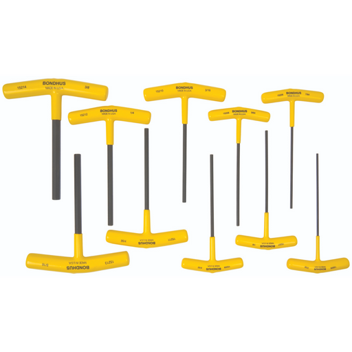 A set of 10 yellow T-handle hex drivers with black hexagonal ends and long straight shafts, sized from 3/32 inch to 3/8 inch.