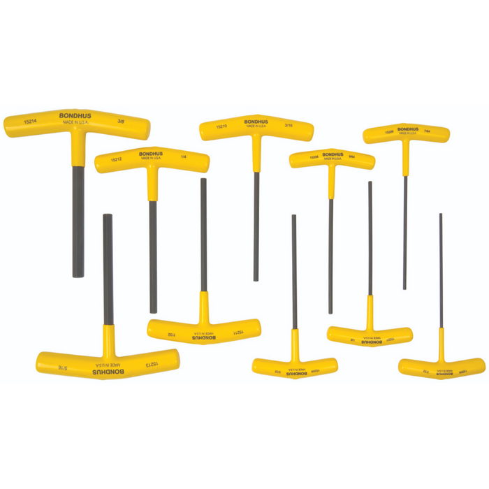 A set of 10 yellow T-handle hex drivers with black hexagonal ends and long straight shafts, sized from 3/32 inch to 3/8 inch.