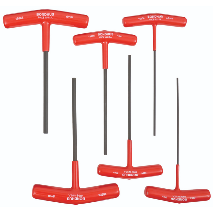 A set of six red T-handle hex drivers with metal shafts and plastic handles, sizes ranging from 2mm to 6mm.