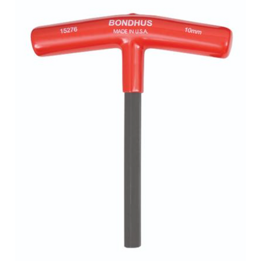 A red handled hex end T-handle with a black blade, marked with 'Bondhus' and 'Made in USA' text and 10mm diameter