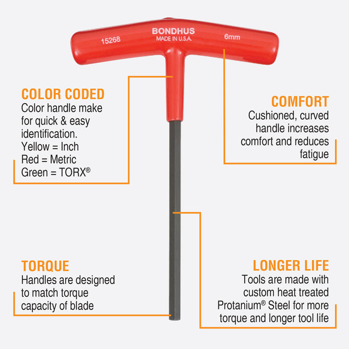 BONDHUS HTX80M T-Handle 6" Hex End Driver 8pcs Metric Set 2mm-10mm