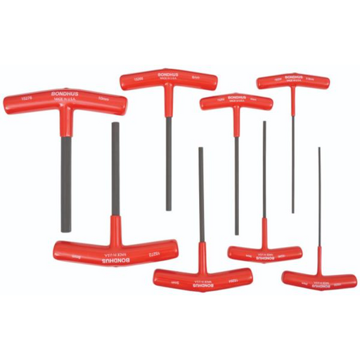 A set of eight red T-handle hex drivers of various sizes laid out on a white background.