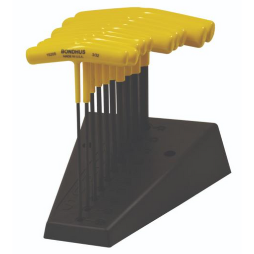 A set of yellow T-handle hex drivers in sizes from 3/32 inch to 3/8 inch, displayed in a black stand.