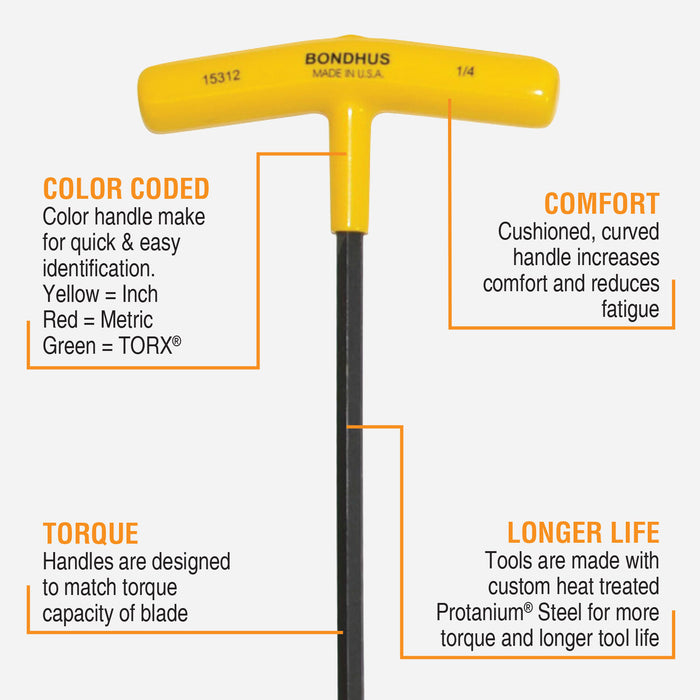 BONDHUS HTX10-9 T-Handle 9" Hex Driver 10pcs Imperial Set 3/32"-3/8"