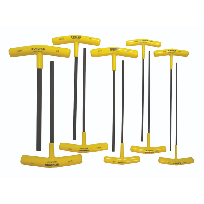 A set of 10 yellow T-handle hex drivers with black shafts, arranged in size order from 3/32" to 3/8". Each driver has 'BONDHUS' branding on the handle.