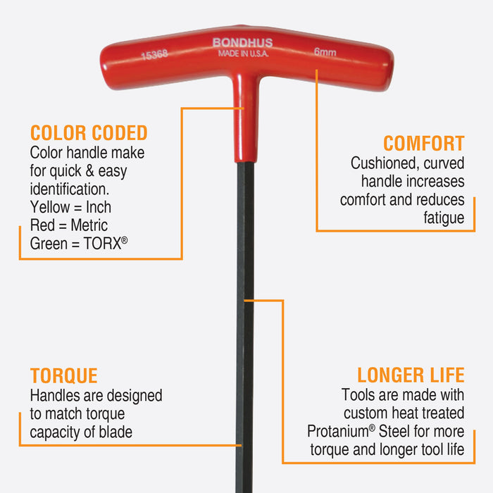 BONDHUS HTX60M-9 T-Handle 9" Hex End Driver 6pcs Metric Set 2-6mm