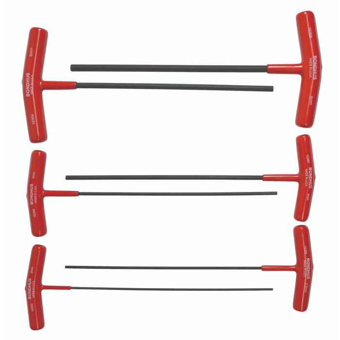 A set of six T-handle hex drivers with red and black handles and silver shafts, ranging in size from 2mm to 6mm.