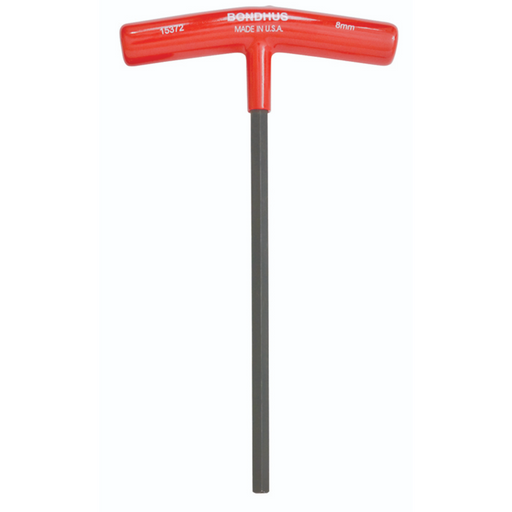 A red and black 8mm diameter Bondhus 9 inch metric hex end T-handle with a ProGuard finish.