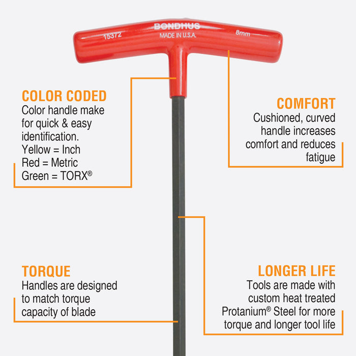BONDHUS HTX80M-9 T-Handle 9" Hex Key Driver 8pcs Metric Set 2mm-10mm