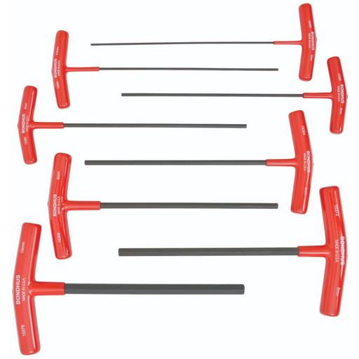 A set of eight T-handle hex key drivers in red and black colors, with sizes ranging from 2mm to 10mm.
