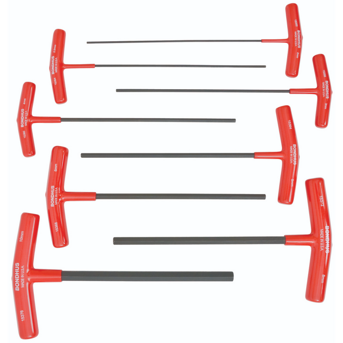 A set of eight T-handle hex key drivers in red and black colors, with sizes ranging from 2mm to 10mm.