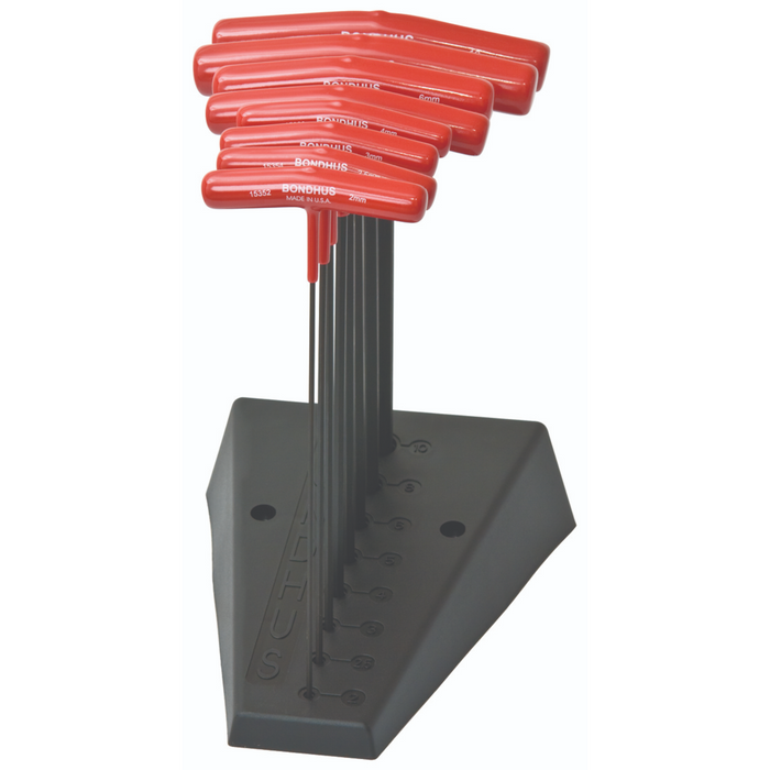 A set of eight red T-handle hex drivers of increasing sizes, arranged in a pyramid on a black stand with the Bondhus logo.