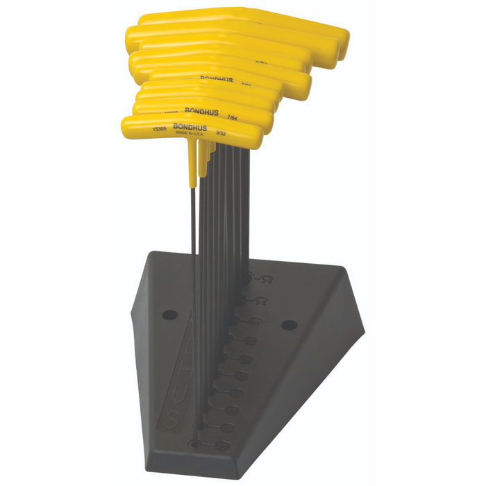 A set of 10 yellow T-handle hex key drivers arranged in a stand with various sizes ranging from 3/32 inch to 3/8 inch.